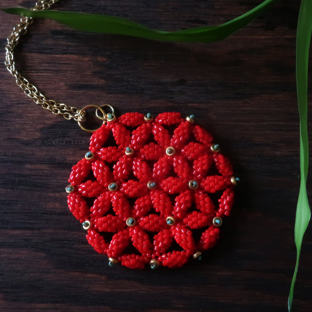 Temple Tree Flower of Life Beaded Pendant v2 - Red and Gold