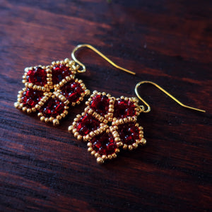 Temple Tree Mandala Flower Beaded Earrings - Dark Red and Gold