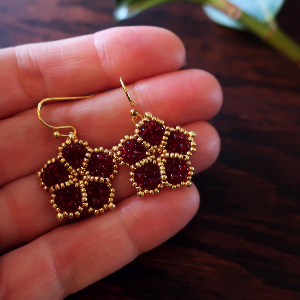 Temple Tree Mandala Flower Beaded Earrings - Dark Red and Gold