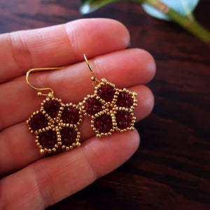 Temple Tree Mandala Flower Beaded Earrings - Dark Red and Gold