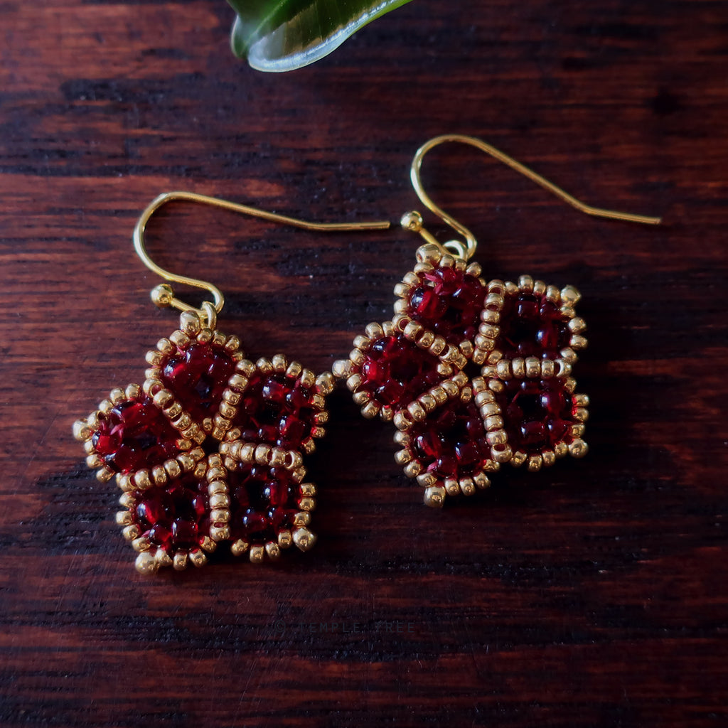Temple Tree Mandala Flower Beaded Earrings - Dark Red and Gold