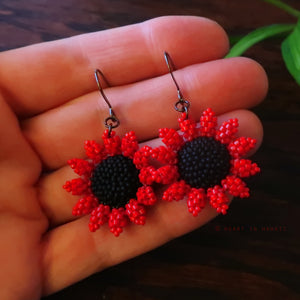 Heart in Hawaii Mini Beaded Sunflower Earrings - Red and Matte Black