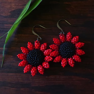 Heart in Hawaii Mini Beaded Sunflower Earrings - Red and Matte Black