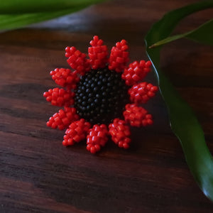 Heart in Hawaii Mini Beaded Sunflower Brooch - Red and Matte Black