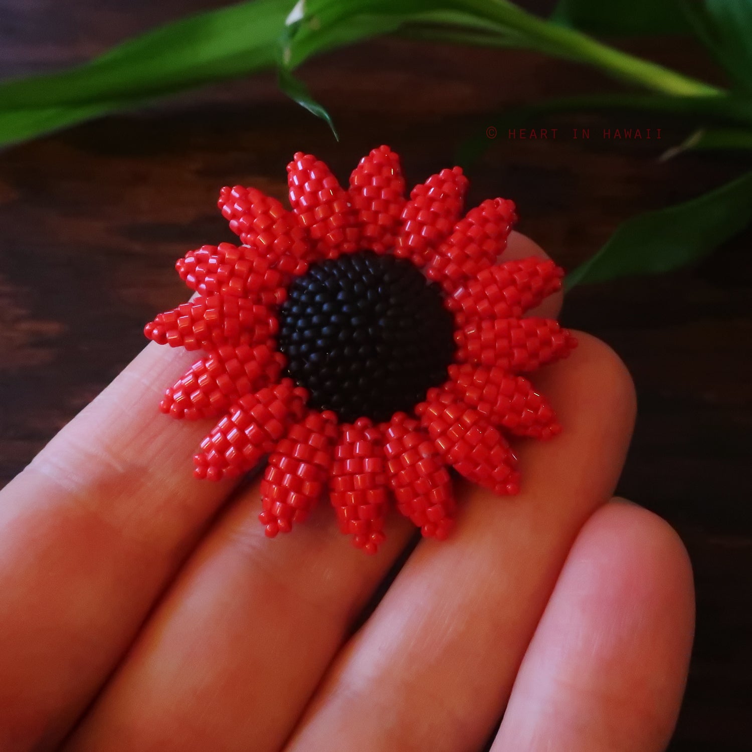Heart in Hawaii Beaded Sunflower Brooch or Pendant - Red and Matte Black