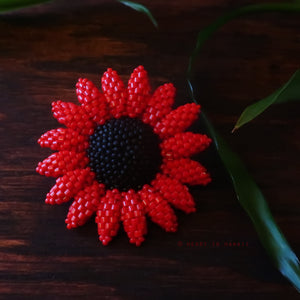 Heart in Hawaii Beaded Sunflower Brooch or Pendant - Red and Matte Black