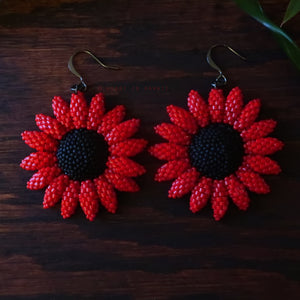 Heart in Hawaii Beaded Sunflower Earrings - Red and Matte Black