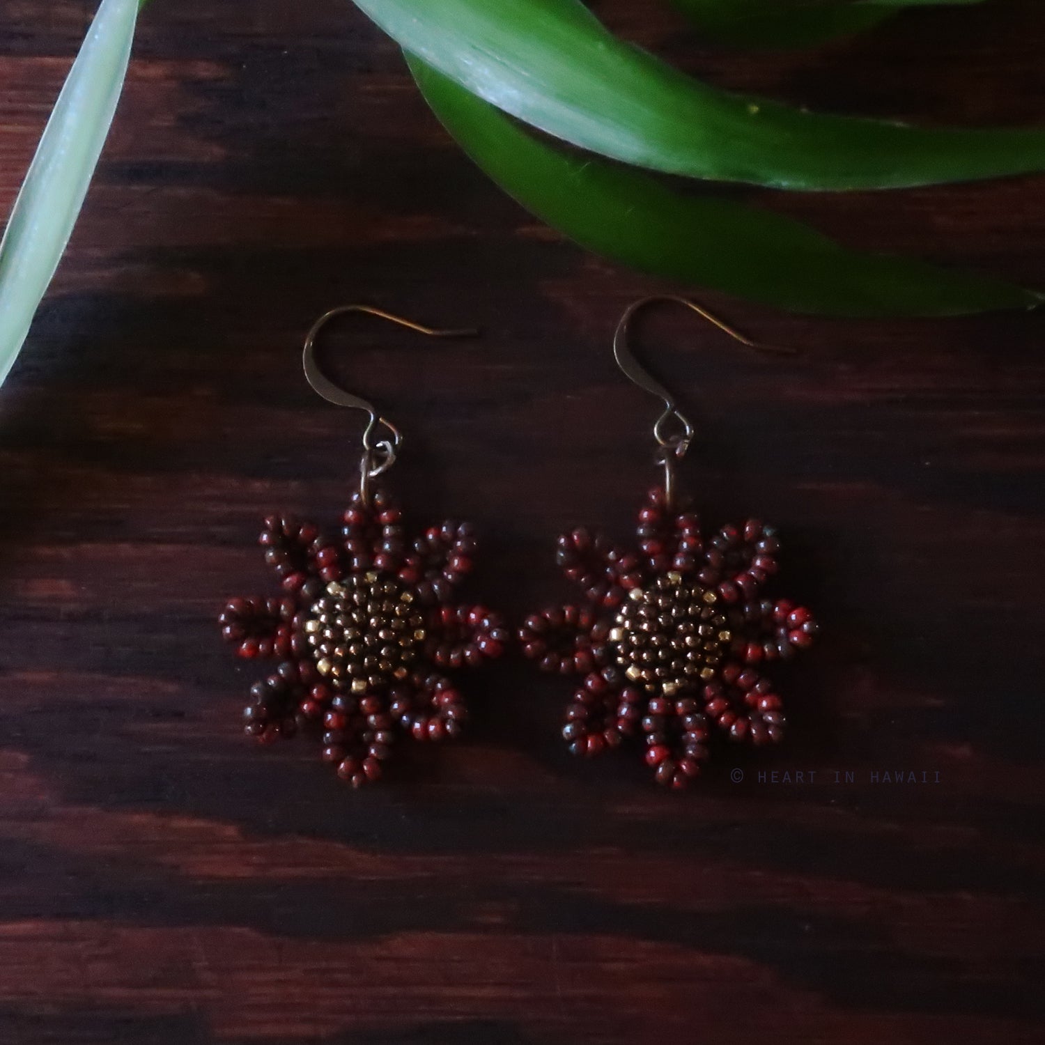 Heart in Hawaii Beaded Cosmos Flower Earrings - Red Picasso