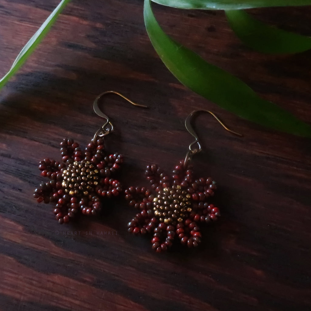 Heart in Hawaii Beaded Cosmos Flower Earrings - Red Picasso