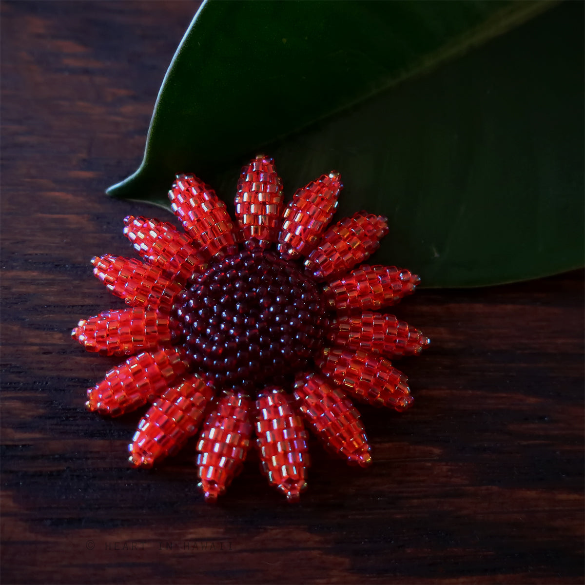 Heart in Hawaii Beaded Sunflower Brooch or Pendant - Red