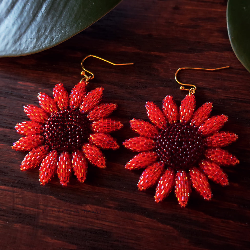Heart in Hawaii Beaded Sunflower Earrings - Bright Red