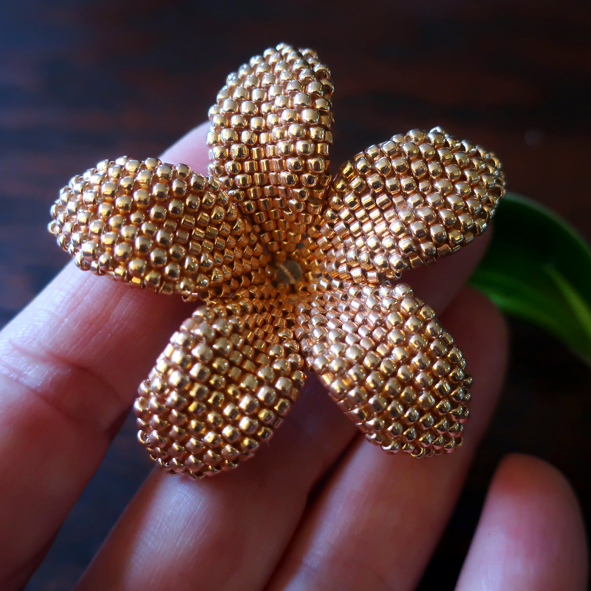 Heart in Hawaii 2 inch Beaded Plumeria Flower Brooch - Rose Gold