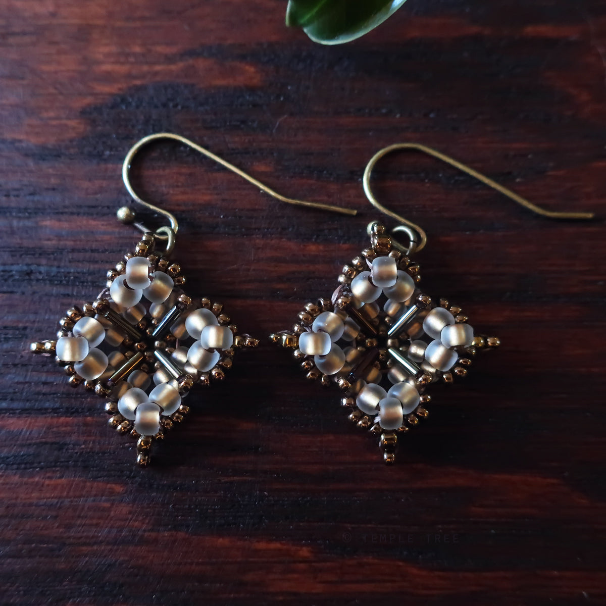 Temple Tree Quatrefoil Mandala Beaded Earrings - Sand and Bronze