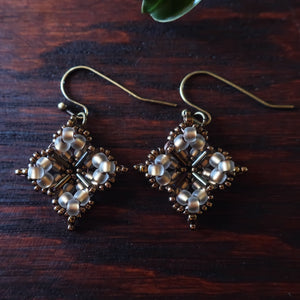 Temple Tree Quatrefoil Mandala Beaded Earrings - Sand and Bronze