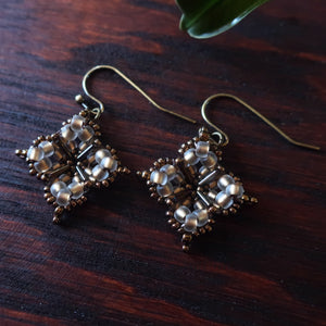 Temple Tree Quatrefoil Mandala Beaded Earrings - Sand and Bronze