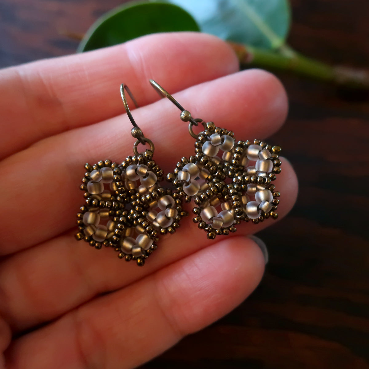 Temple Tree Mandala Flower Beaded Earrings - Sand and Bronze