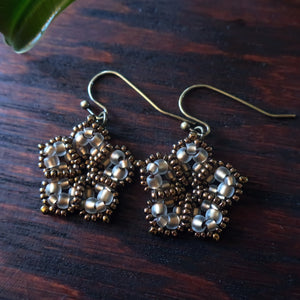 Temple Tree Mandala Flower Beaded Earrings - Sand and Bronze