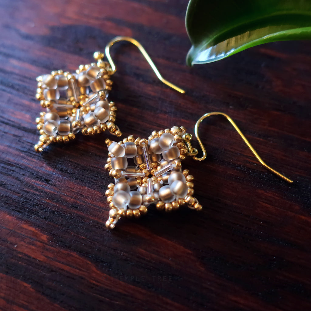 Temple Tree Quatrefoil Mandala Beaded Earrings - Sand and Gold