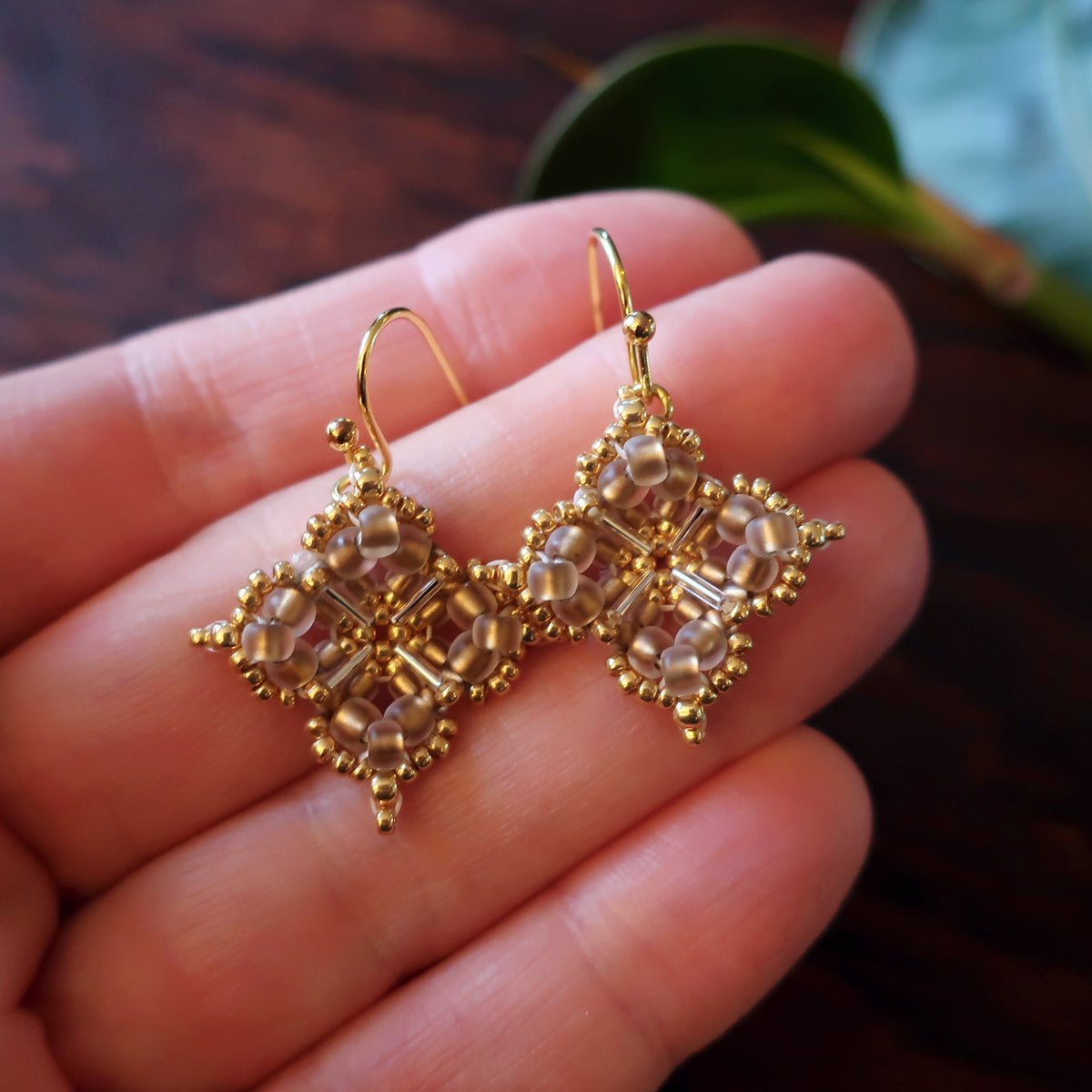 Temple Tree Quatrefoil Mandala Beaded Earrings - Sand and Gold