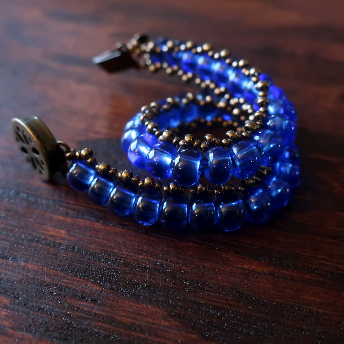 Temple Tree Boho Glass Bead Caterpillar Weave Bracelet - Sapphire and Bronze