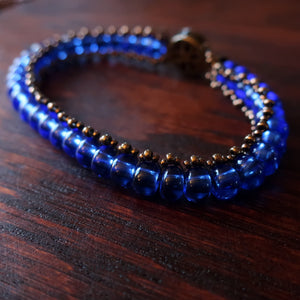 Temple Tree Boho Glass Bead Caterpillar Weave Bracelet - Sapphire and Bronze