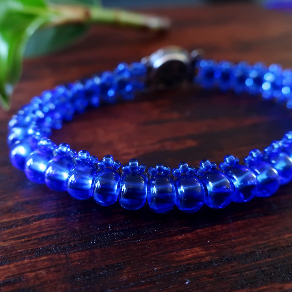 Temple Tree Bohemian Glass Bead Caterpillar Weave Bracelet - Sapphire Blue