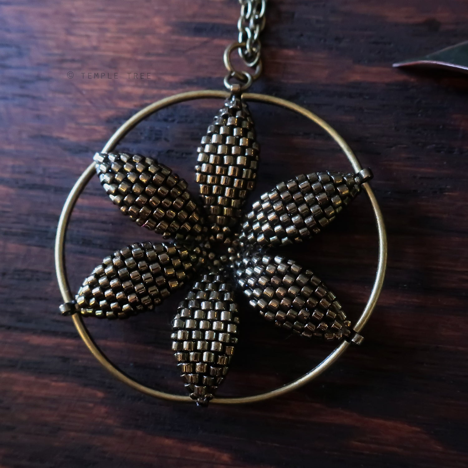 Temple Tree Seed of Life Flower Beaded Pendant - Bronze