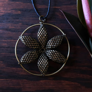 Temple Tree Seed of Life Flower Beaded Pendant - Bronze
