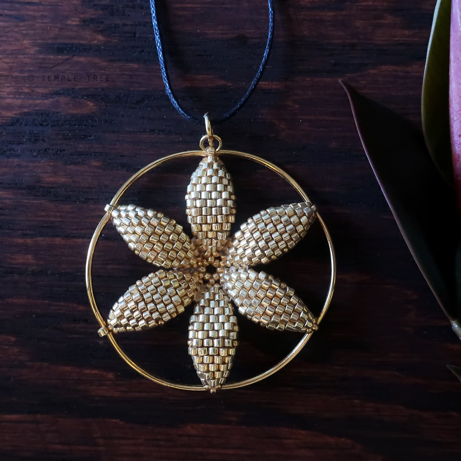 Temple Tree Seed of Life Flower Beaded Pendant - Gold