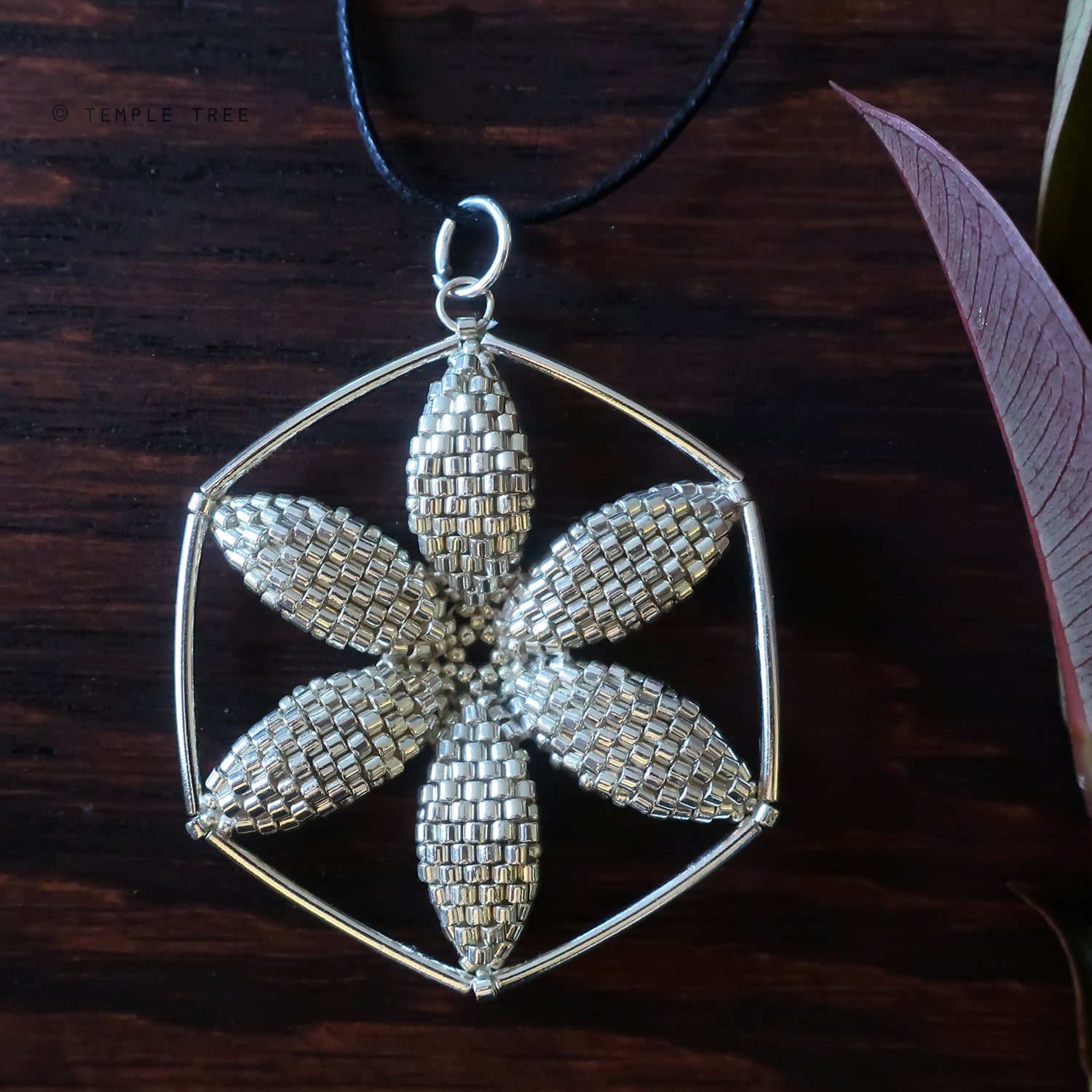 Temple Tree Seed of Life Flower Beaded Pendant - Silver