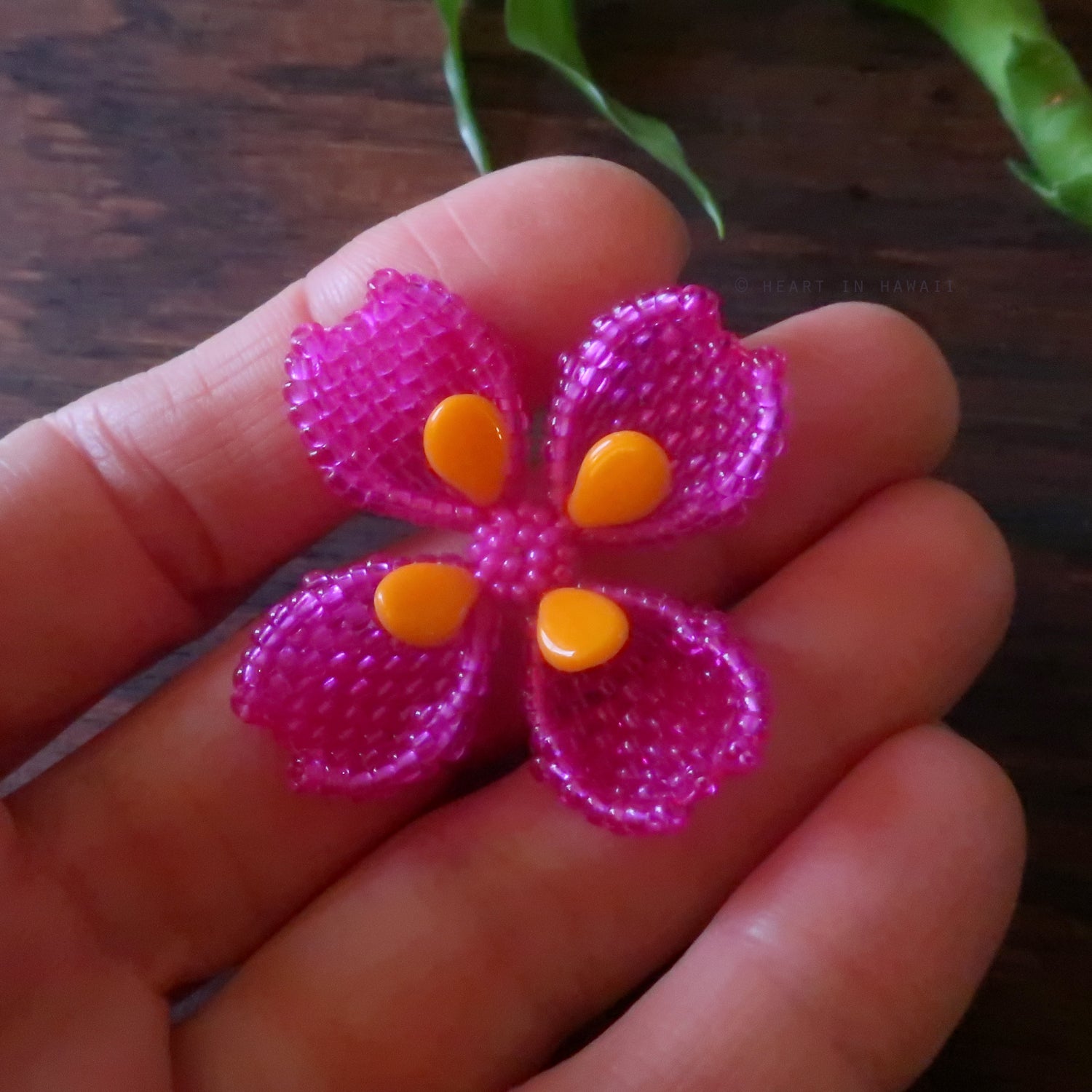 Heart in Hawaii Beaded Dogwood Quatrefoil Brooch - Fuchsia and Orange