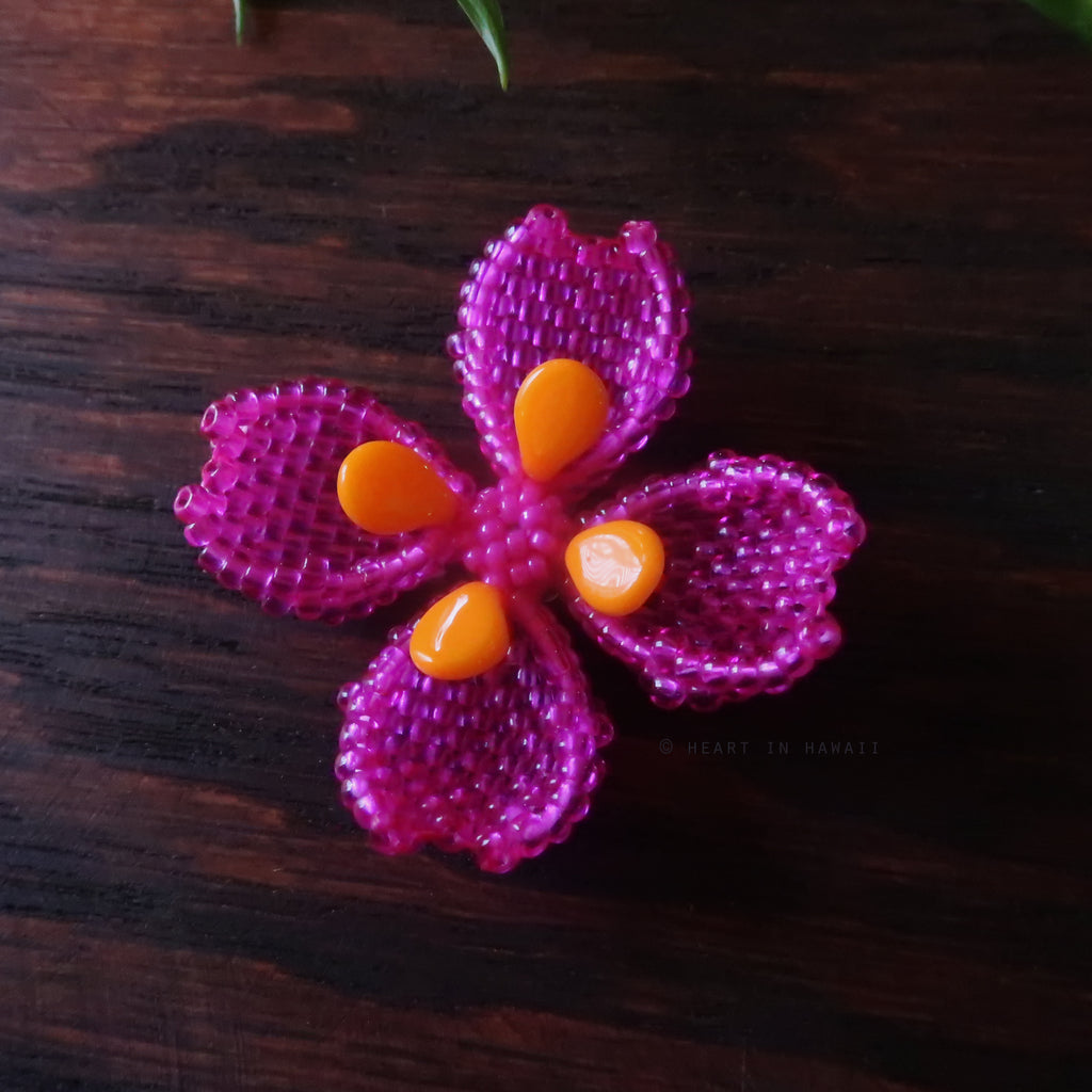 Heart in Hawaii Beaded Dogwood Quatrefoil Brooch - Fuchsia and Orange