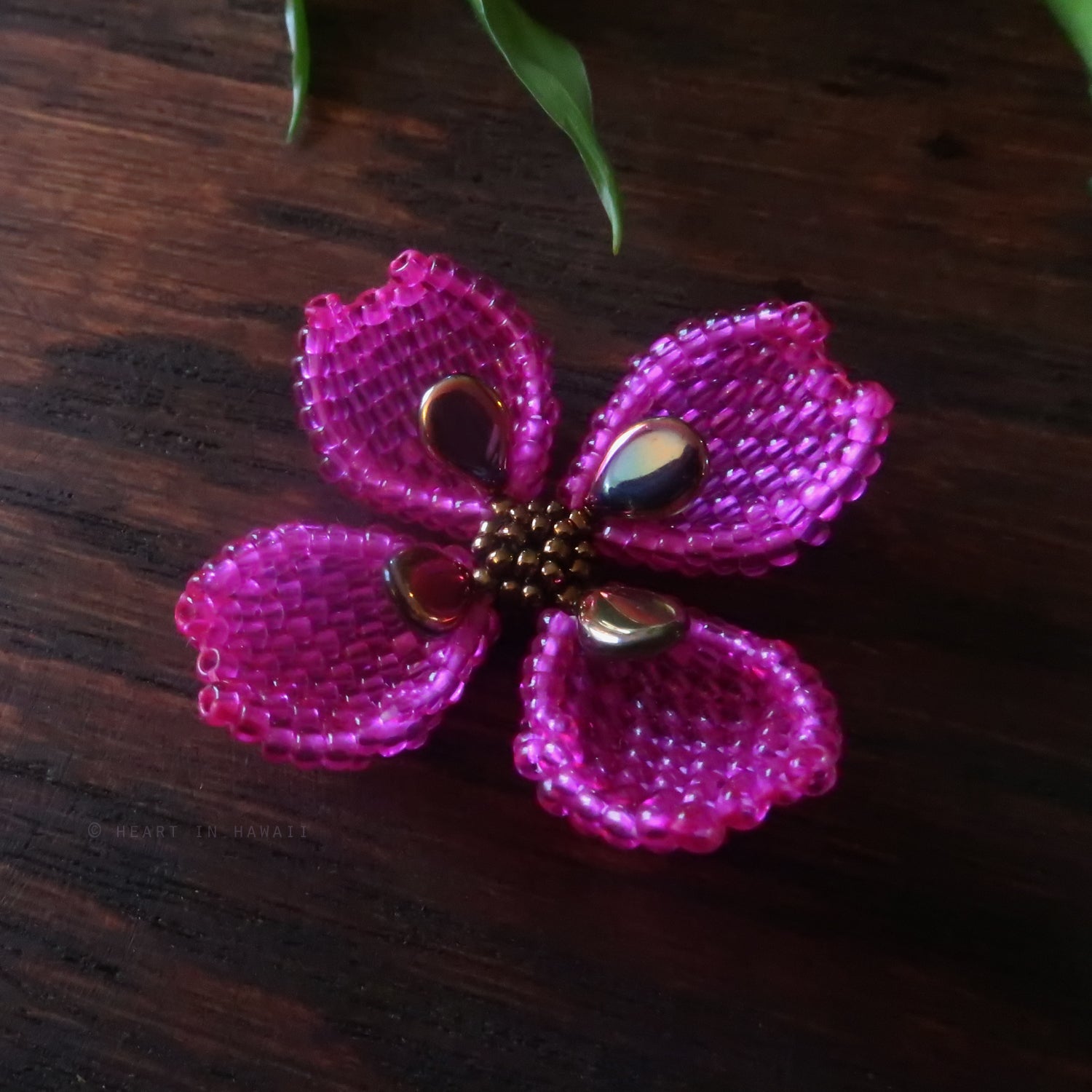Heart in Hawaii Small Beaded Dogwood Quatrefoil Brooch - Fuchsia