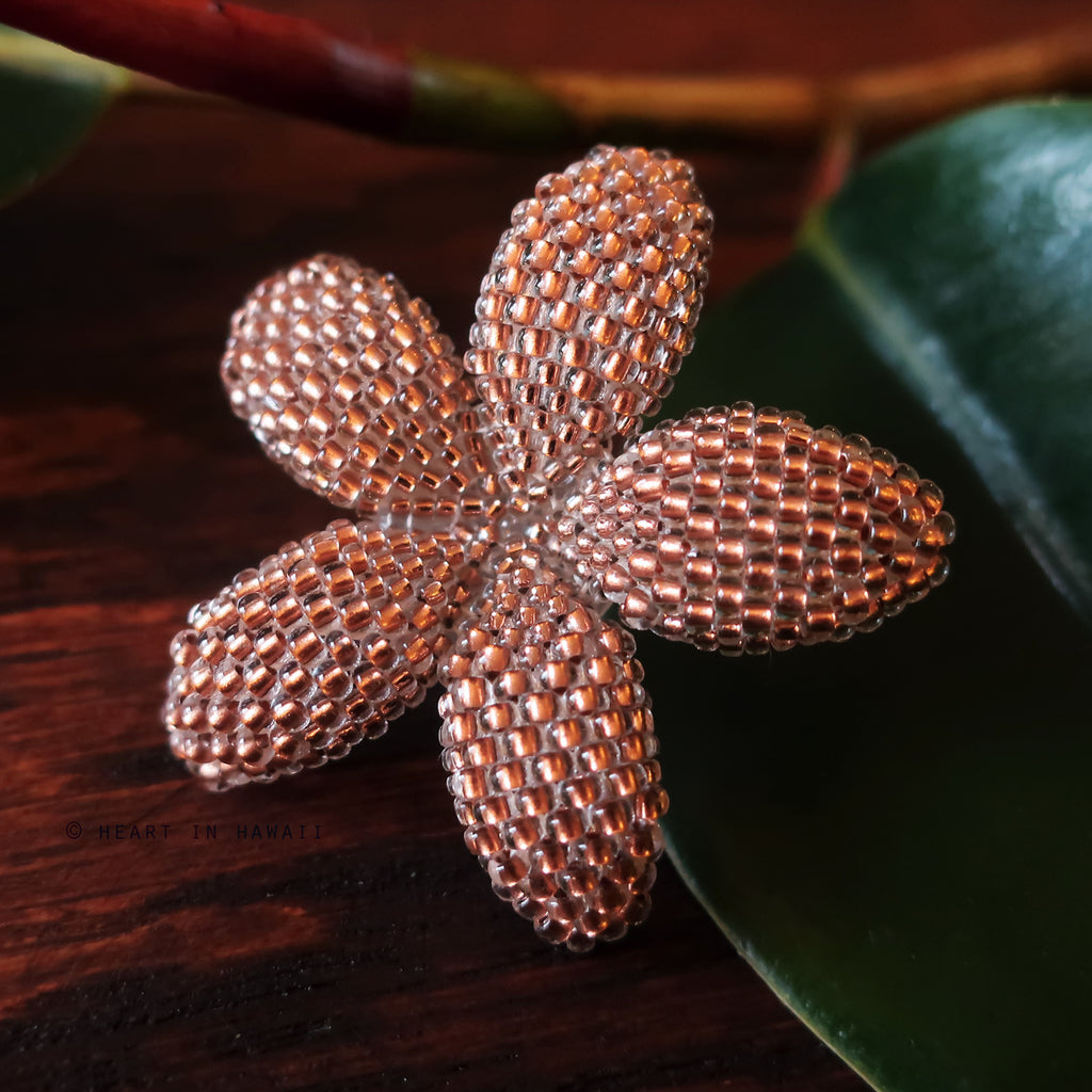 Heart in Hawaii 1.5 Inch Beaded Plumeria Flower Brooch - Sparkly Copper