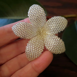 Heart in Hawaii 2 Inch Beaded Plumeria Flower Brooch - Sparkly Silver Crystal