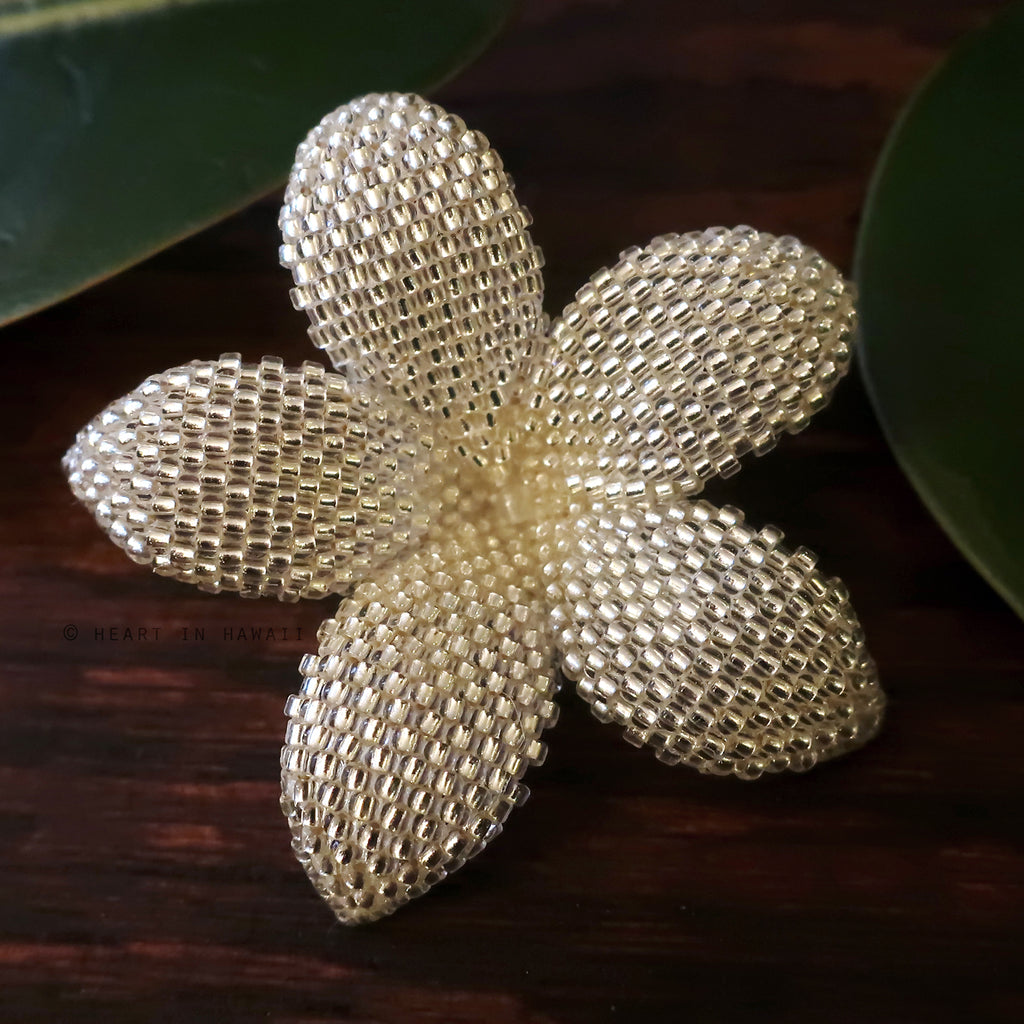 Heart in Hawaii 2 Inch Beaded Plumeria Flower Brooch - Sparkly Silver Crystal
