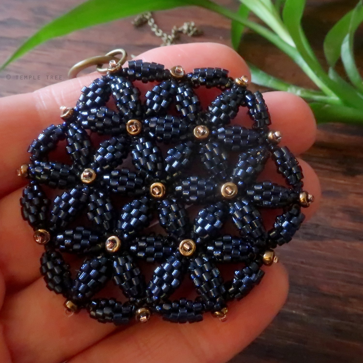 Temple Tree Flower of Life Beaded Pendant v2 - Sparkly Dark Navy