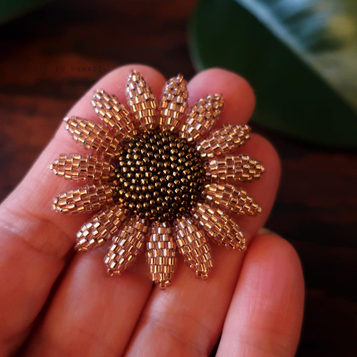 Heart in Hawaii Beaded Sunflower Brooch - Sparkly Rosegold with Bronze