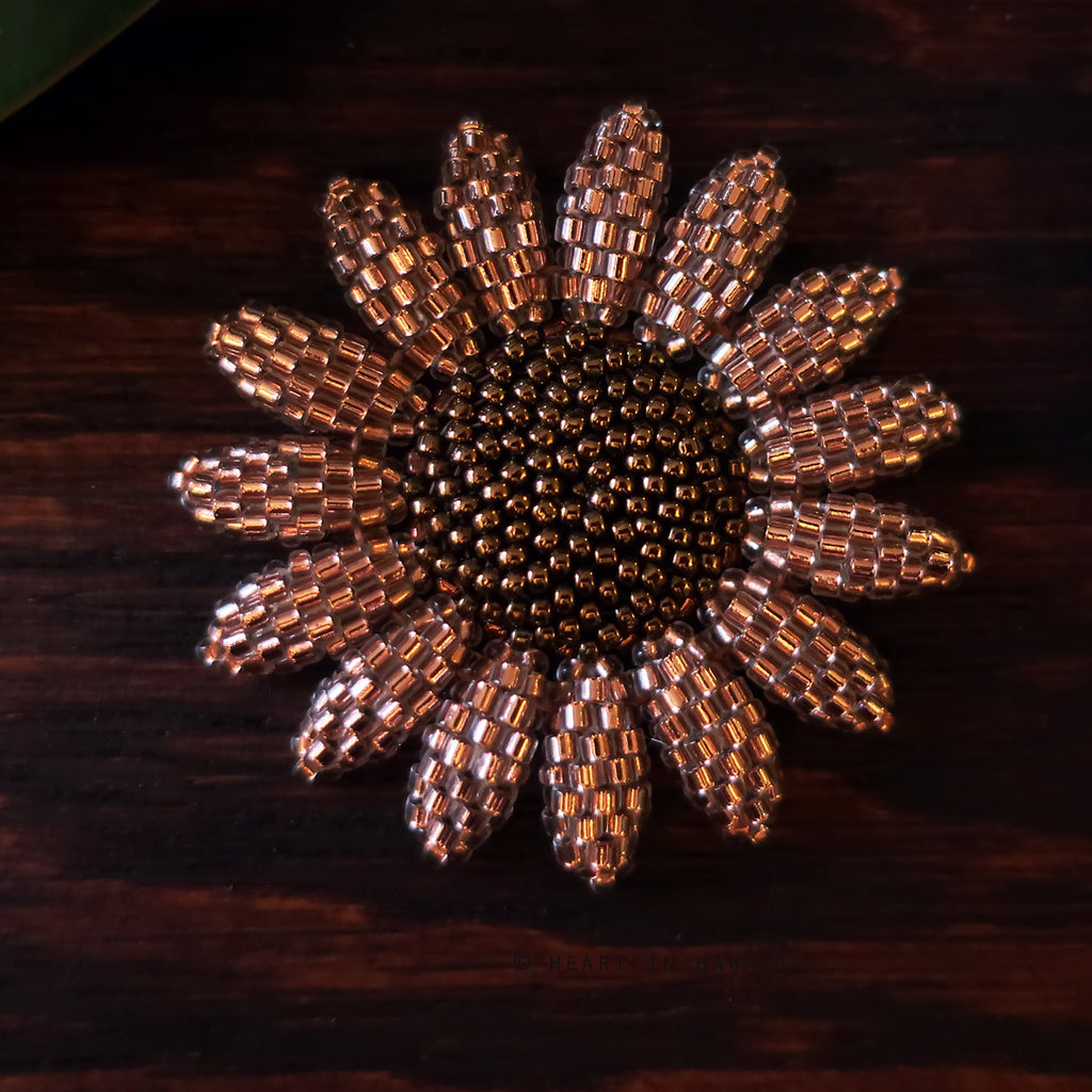 Heart in Hawaii Beaded Sunflower Brooch - Sparkly Rosegold with Bronze