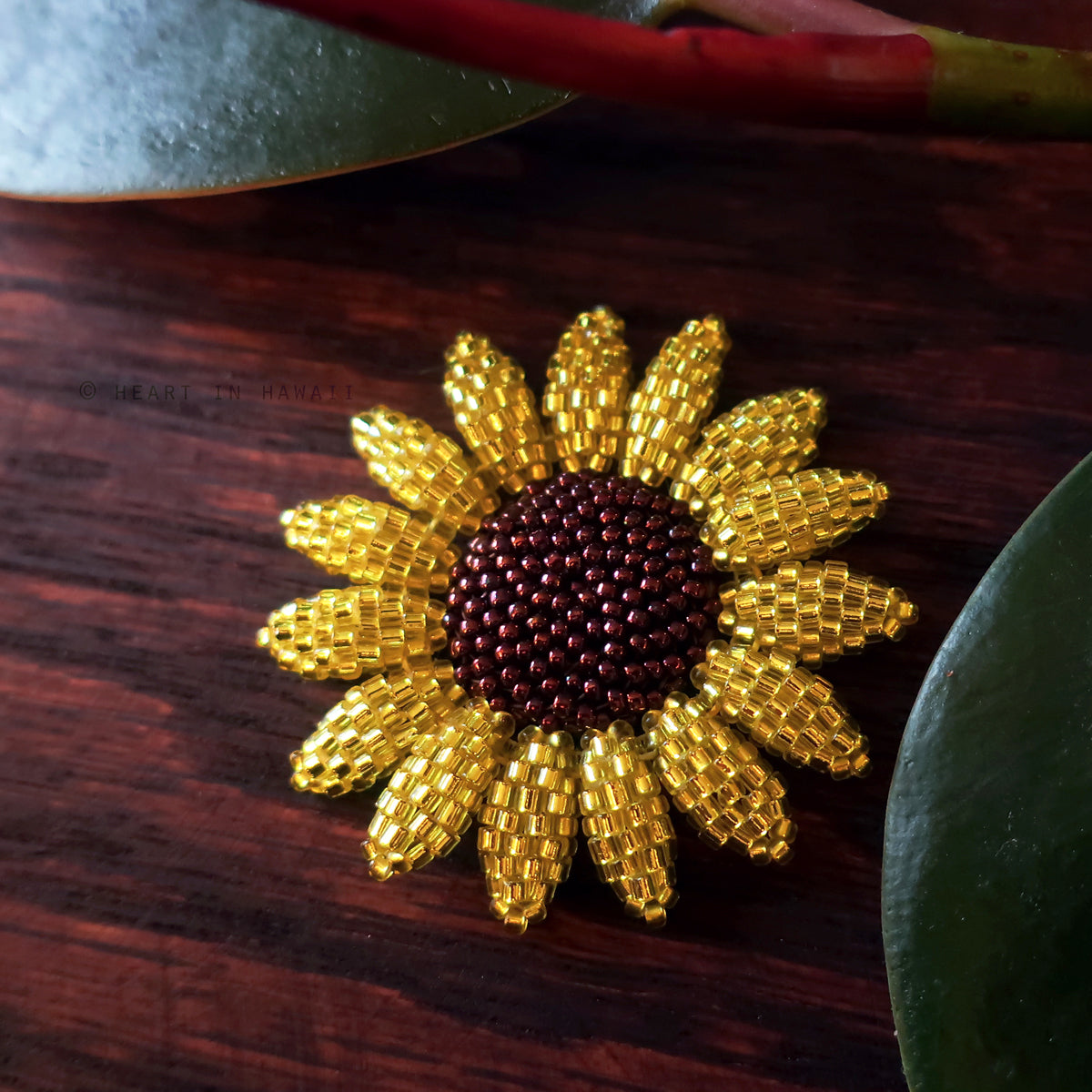 Heart in Hawaii Beaded Sunflower Brooch or Pendant - Sparkly Yellow
