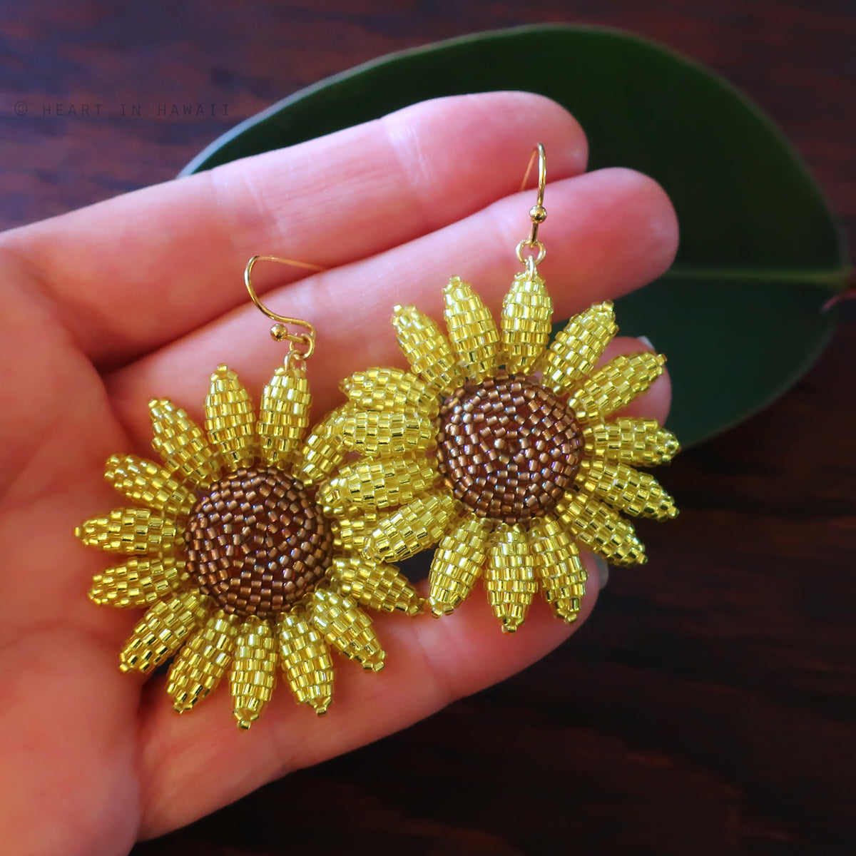 Heart in Hawaii Beaded Sunflower Earrings - Sparkly Yellow