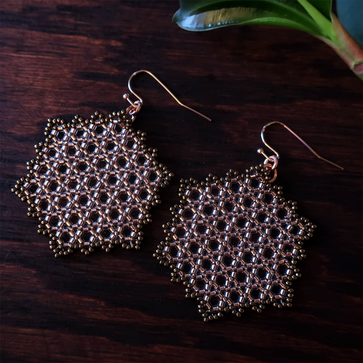 Temple Tree Hexagon Mandala Earrings - Sparkly Copper - Large