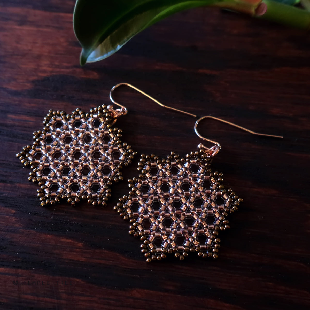 Temple Tree Hexagon Mandala Earrings - Sparkly Copper - Medium