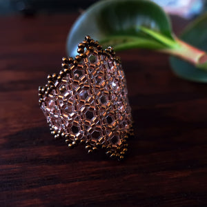 Temple Tree Hexagon Mandala Beaded Ring - Sparkly Copper
