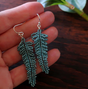 Heart in Hawaii Small Beaded Fern Frond Earrings - Blue Spruce