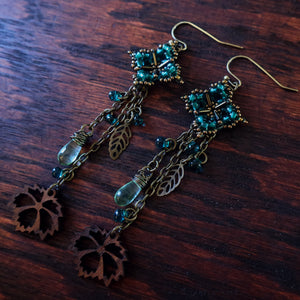 Temple Tree Quatrefoil Mandala Long Boho Dangle Earrings - Aqua and Bronze