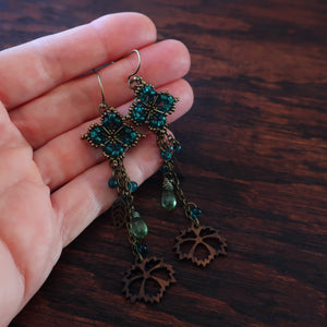 Temple Tree Quatrefoil Mandala Long Boho Dangle Earrings - Aqua and Bronze