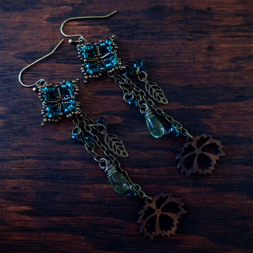 Temple Tree Quatrefoil Mandala Long Boho Dangle Earrings - Aqua and Bronze