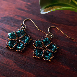 Temple Tree Mandala Flower Dangle Earrings - Teal and Bronze