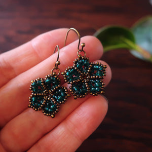 Temple Tree Mandala Flower Dangle Earrings - Teal and Bronze